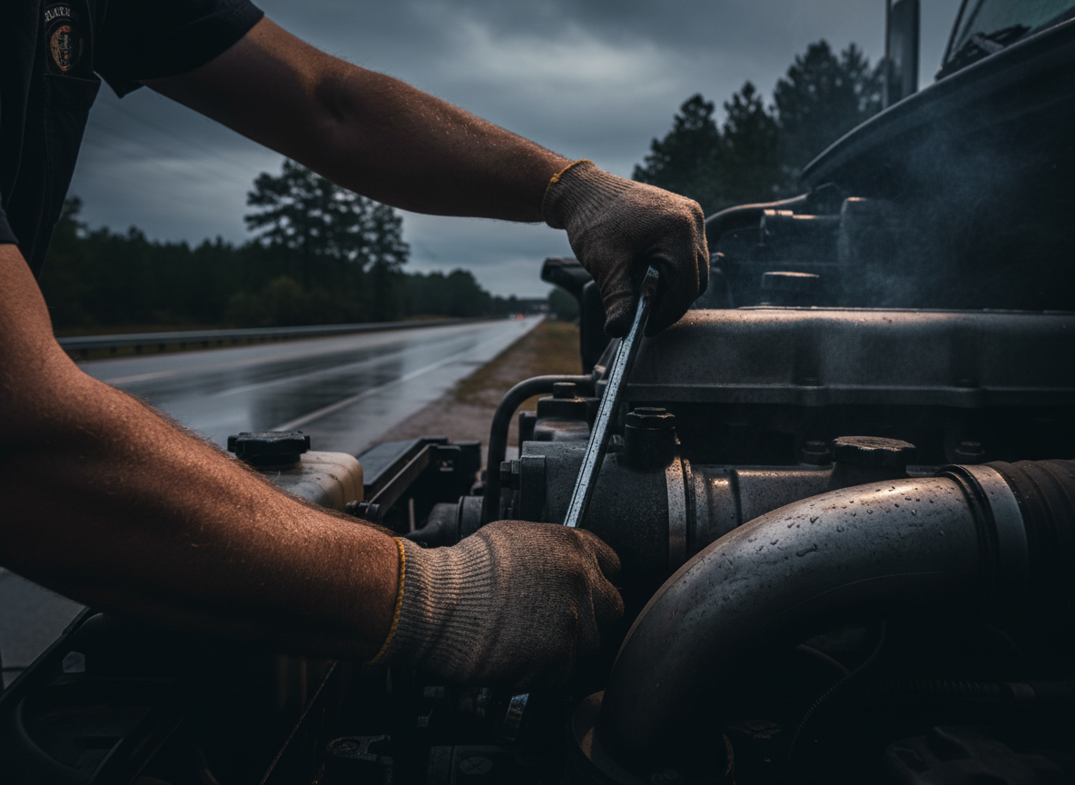 A professional mobile mechanic working on a diesel truck engine at a roadside location in Georgia