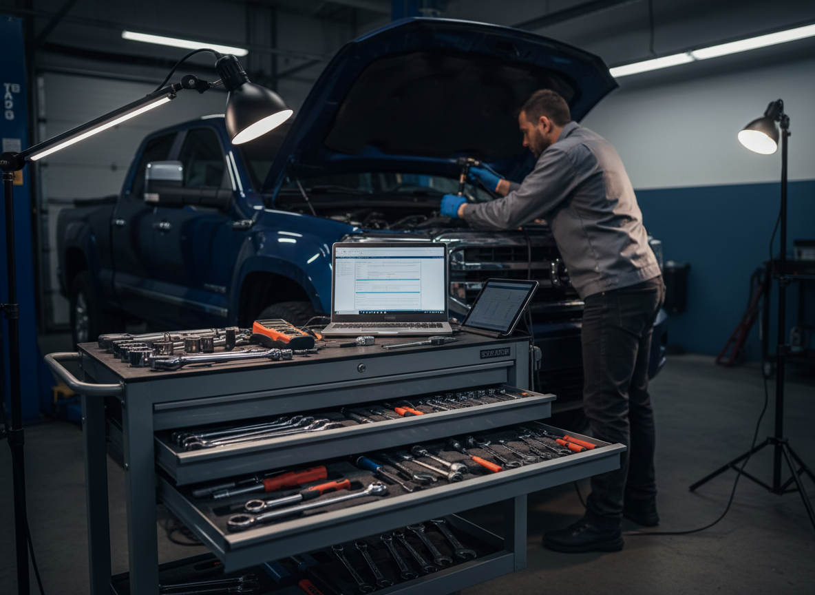 Clean detail shot of automotive repair tools and a mechanic diagnosing a pickup truck engine